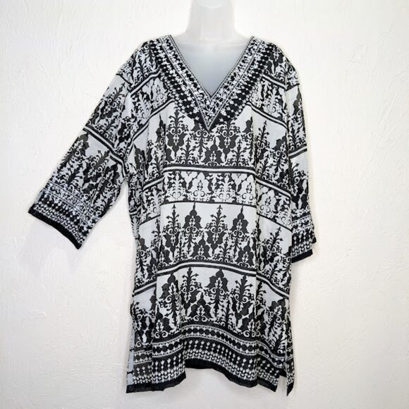 Ulla Popken Plus Size Caftan Womens 24 / 26 Sheer Flowy Knee Length Tunic Blouse - Picture 1 of 7